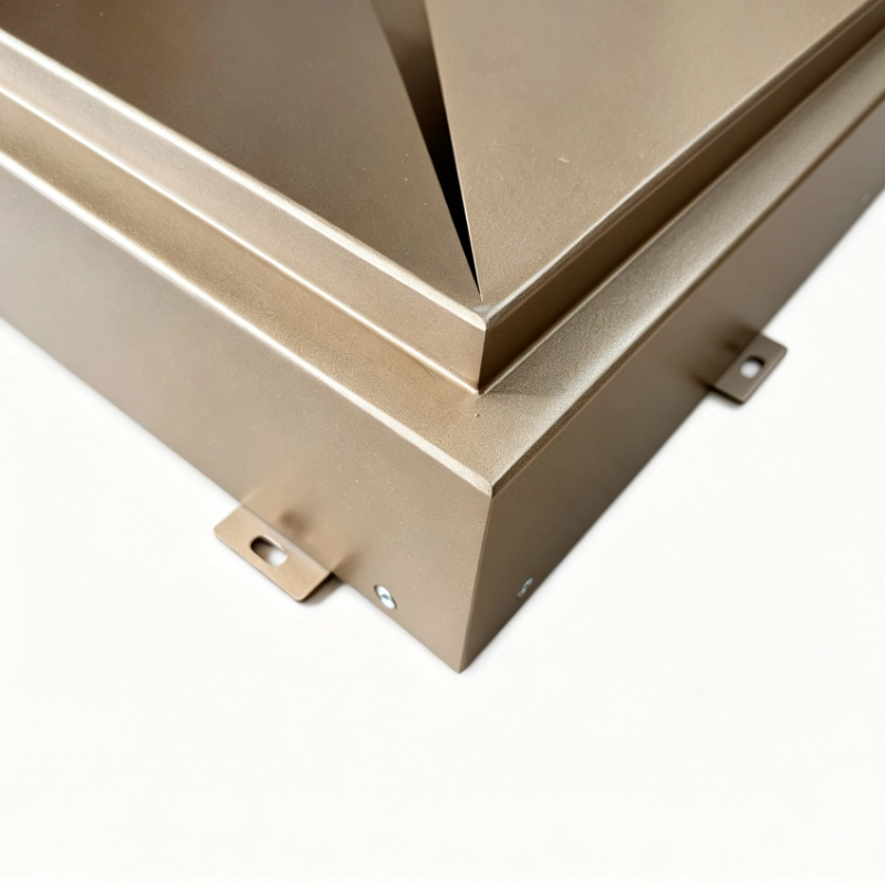Lindelacr four-petal sculptural aluminum ceiling panel, 3D concave convex petal design, square modular aluminum veneer, central light hole, mounting clips, bronze champagne gold matte finish, decorative ceiling panel for hotel entrance, commercial lobby, clubhouse and luxury residential vestibule.