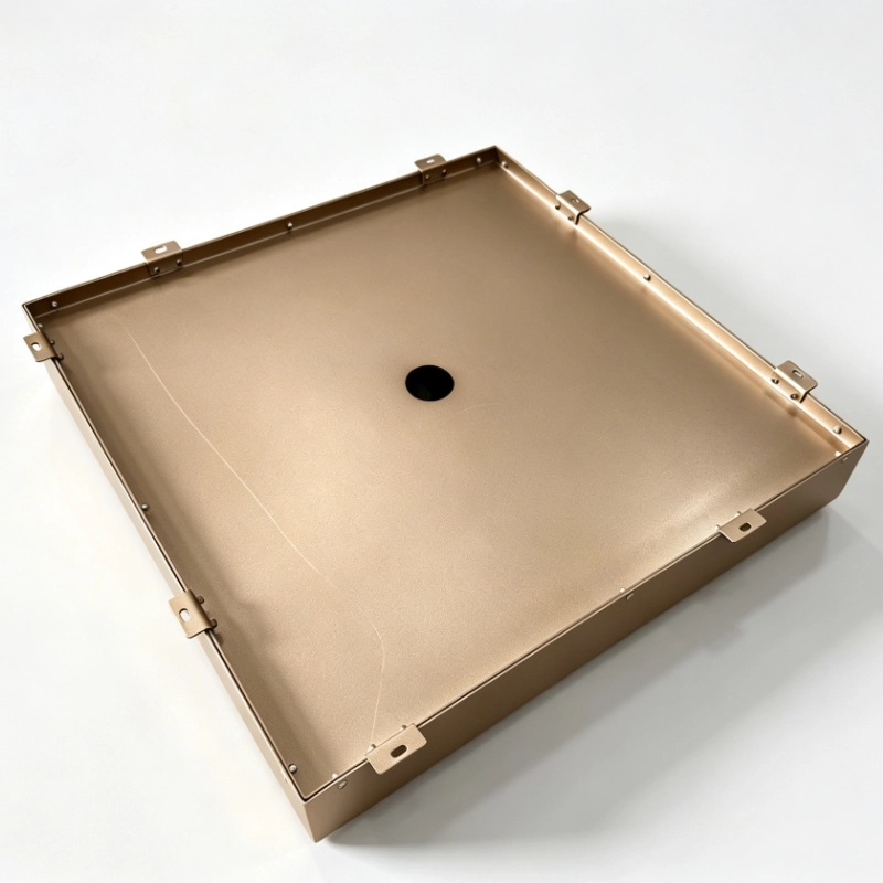 Lindelacr four-petal sculptural aluminum ceiling panel, 3D concave convex petal design, square modular aluminum veneer, central light hole, mounting clips, bronze champagne gold matte finish, decorative ceiling panel for hotel entrance, commercial lobby, clubhouse and luxury residential vestibule.