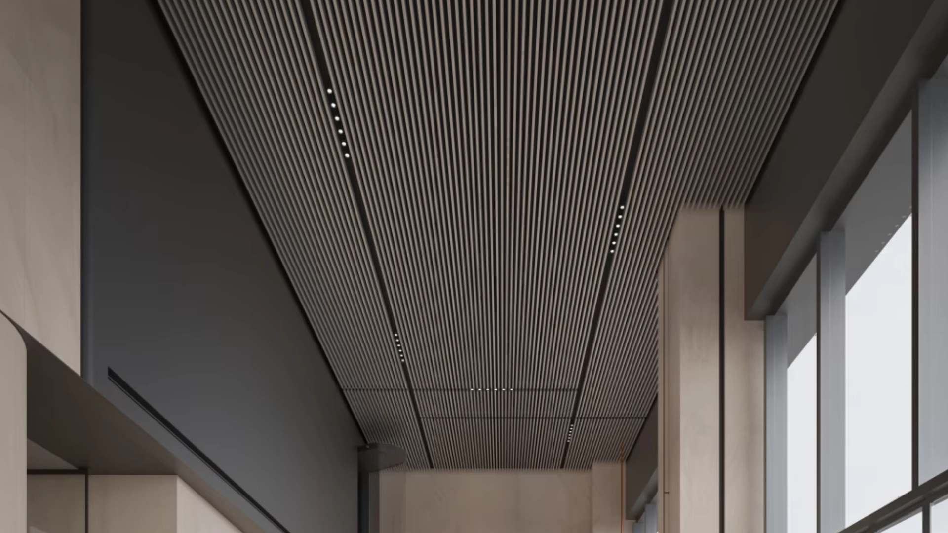 Completed installation effect of Lindelacr B-Plank aluminum plank ceiling, linear suspended ceiling for large lobby interior decoration