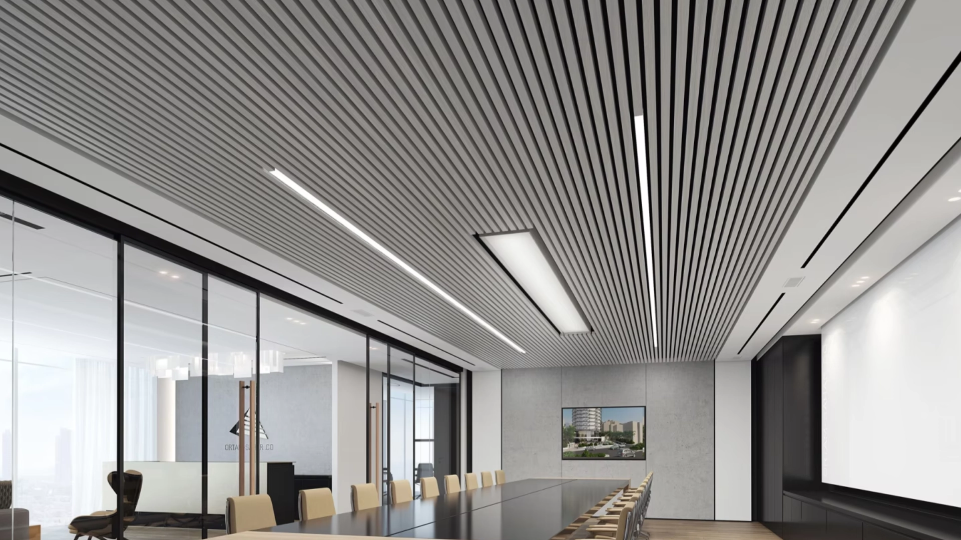 Completed installation effect of Lindelacr B-Plank aluminum plank ceiling, linear suspended ceiling for large lobby interior decoration