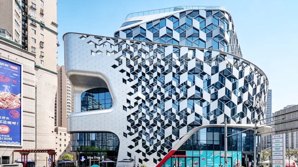 A commercial building with a glass curtain wall, a diamond metal screen, and solid metal panels