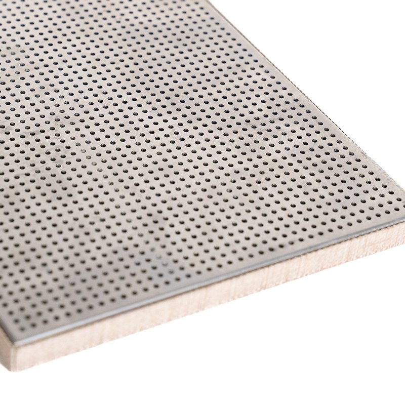 Close-up of micro-perforated aluminum panel, tiny round hole CNC punching detail, acoustic perforated metal panel for interior ceiling noise reduction