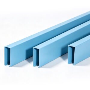 Lindelacr U-baffle aluminum suspended ceiling installation isometric drawing, U shape aluminum tube ceiling assembly structure with thread rod and carrier bracket