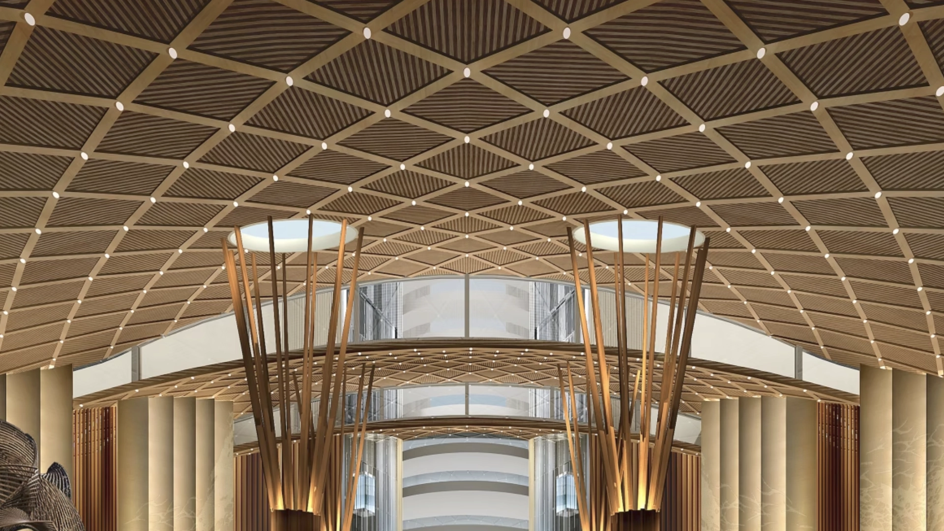 Large public building interior ceiling project using Lindelacr champagne gold architectural metal woven mesh