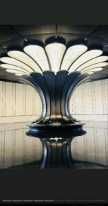 LINDELACR hyperbolic aluminum flower column in the CTS Baichen Yunqi luxury lobby, reflected on a dark polished floor