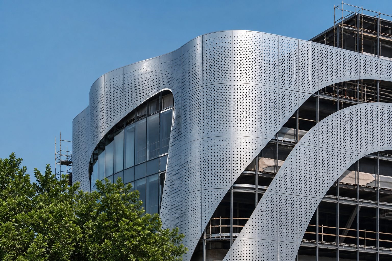 LINDELACR perforated aluminum facade where 3D laser scanning captures as-built geometry
