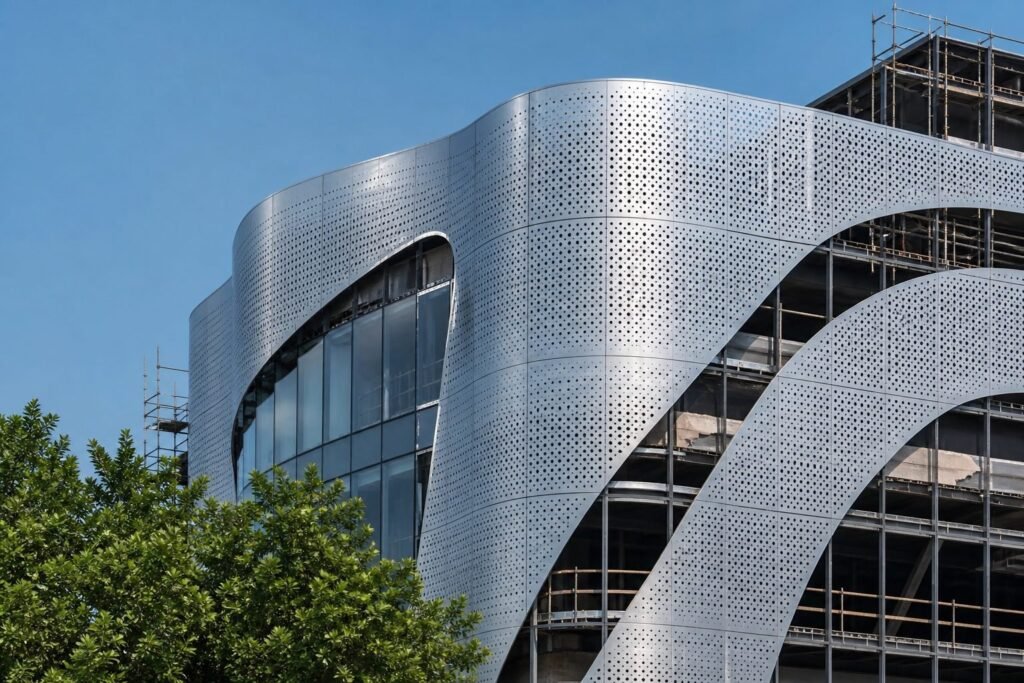 LINDELACR bespoke perforated aluminum wall panels on a curved facade fabricated from shop drawings after 3D scan
