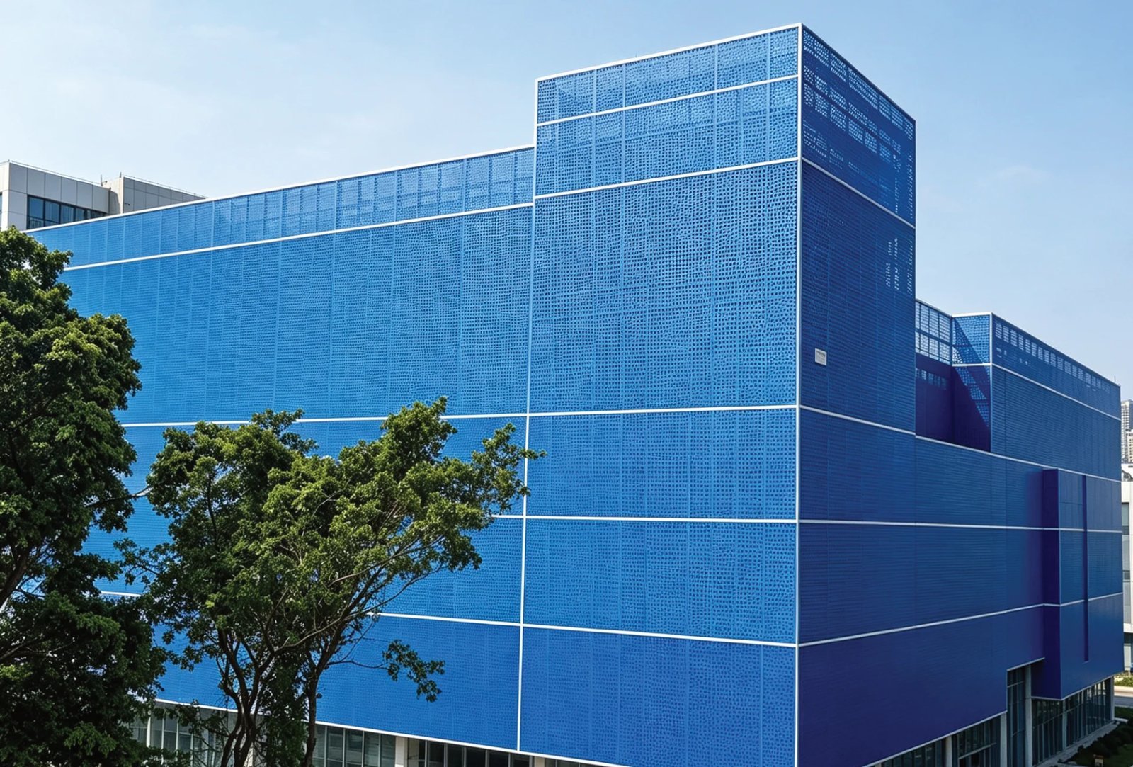 Finished cobalt-blue perforated aluminum facade on Zhaoqing Southern Power Grid, China Southern Power Grid Zhaoqing campus