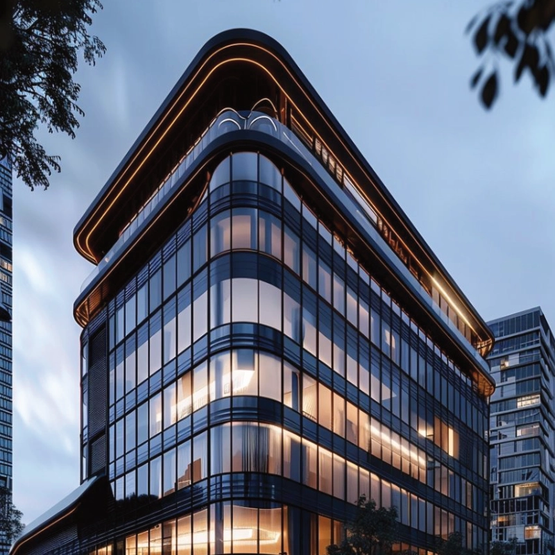 Premium glass curtain wall facade, energy‑saving exterior cladding with metal framework for contemporary commercial tower projects