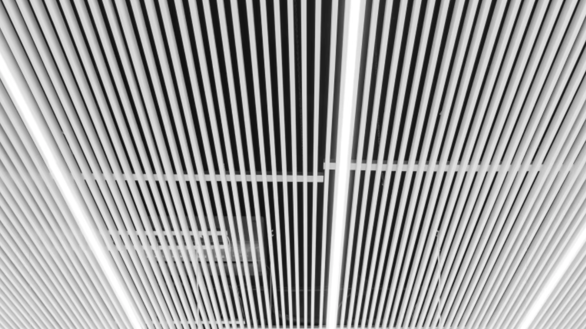 LINDELACR linear B-plank metal ceiling: white slats, open plenum, linear lights in the same rhythm