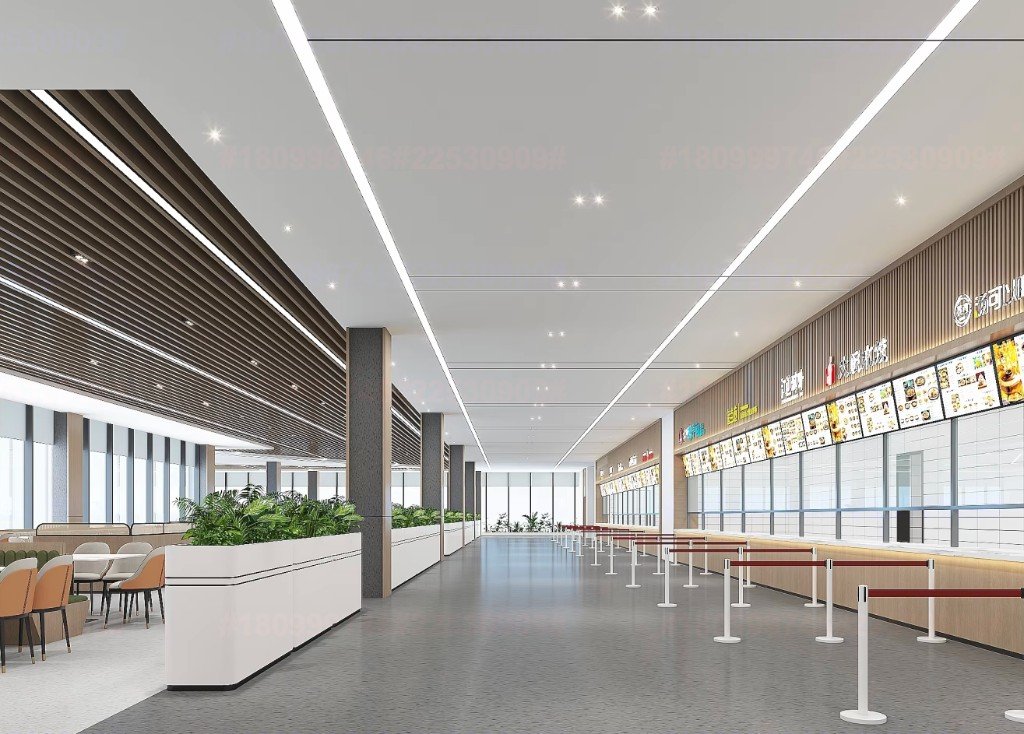 Cafeteria with mixed LINDELACR ceiling: wood-look linear baffles at seating and large-format flat trays over the serving line