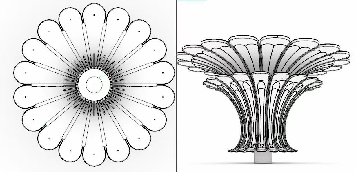 CTS Baichen Yunqi flower-column CAD: 16-petal plan and flared elevation for a custom metal column cover
