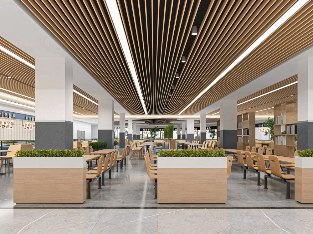 Wood-look LINDELACR U-baffle ceiling in a dining hall: open plenum, linear lights between slats, services stay accessible