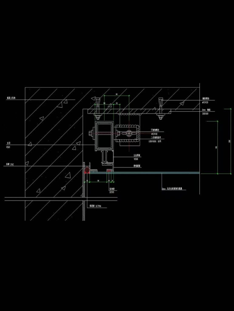 LINDELACR facade shop-drawing section: concrete substrate, stainless expansion bolts, secondary hangers, and aluminum cassette with dimensioned gaps