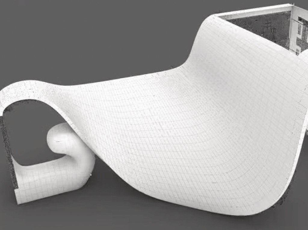 LINDELACR manufacturable mesh of the same freeform surface, tray joints readable as a white cassette field