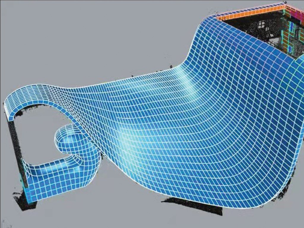 LINDELACR 3D panelization: unique trays mapped as a blue grid on a freeform hyperbolic surface