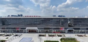 Aerial of Guangzhou International Medical Exhibition and Trade Center (Health Ark) in Liwan Fangcun, first phase of Guangzhou International Medicine Port