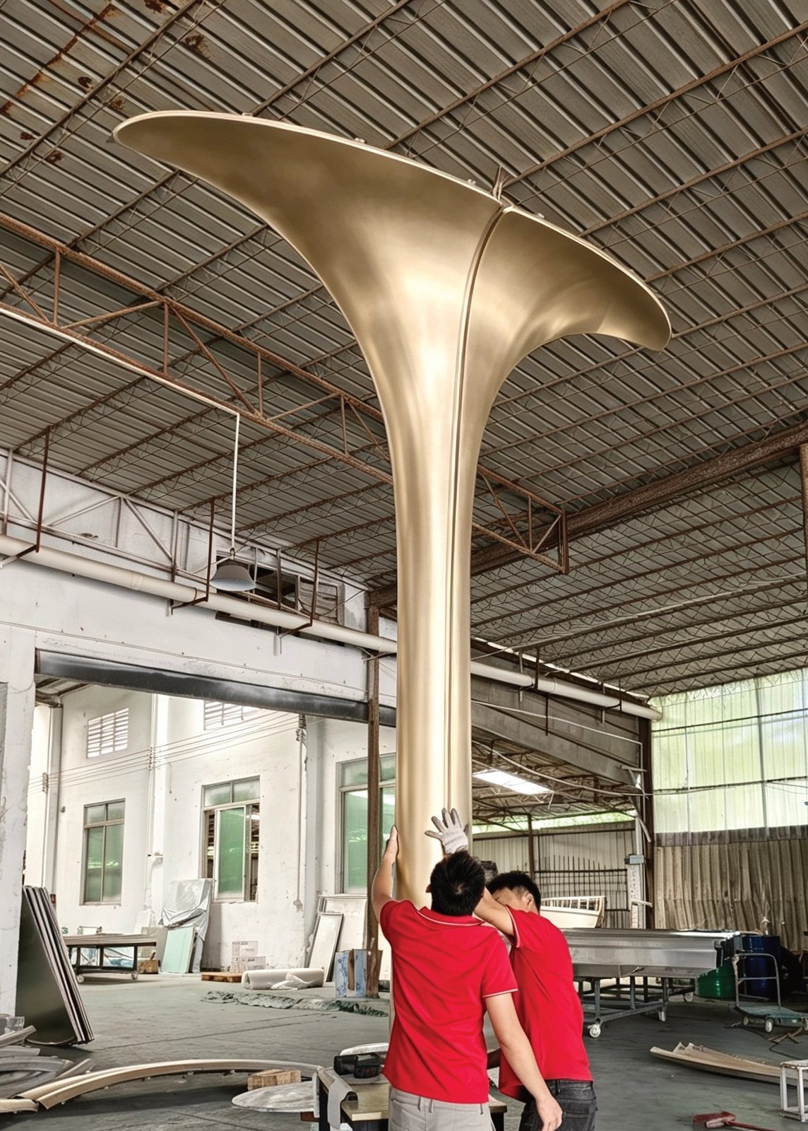 Champagne-gold flared aluminum column cover trial-assembled in LINDELACR Foshan before Thailand shipment