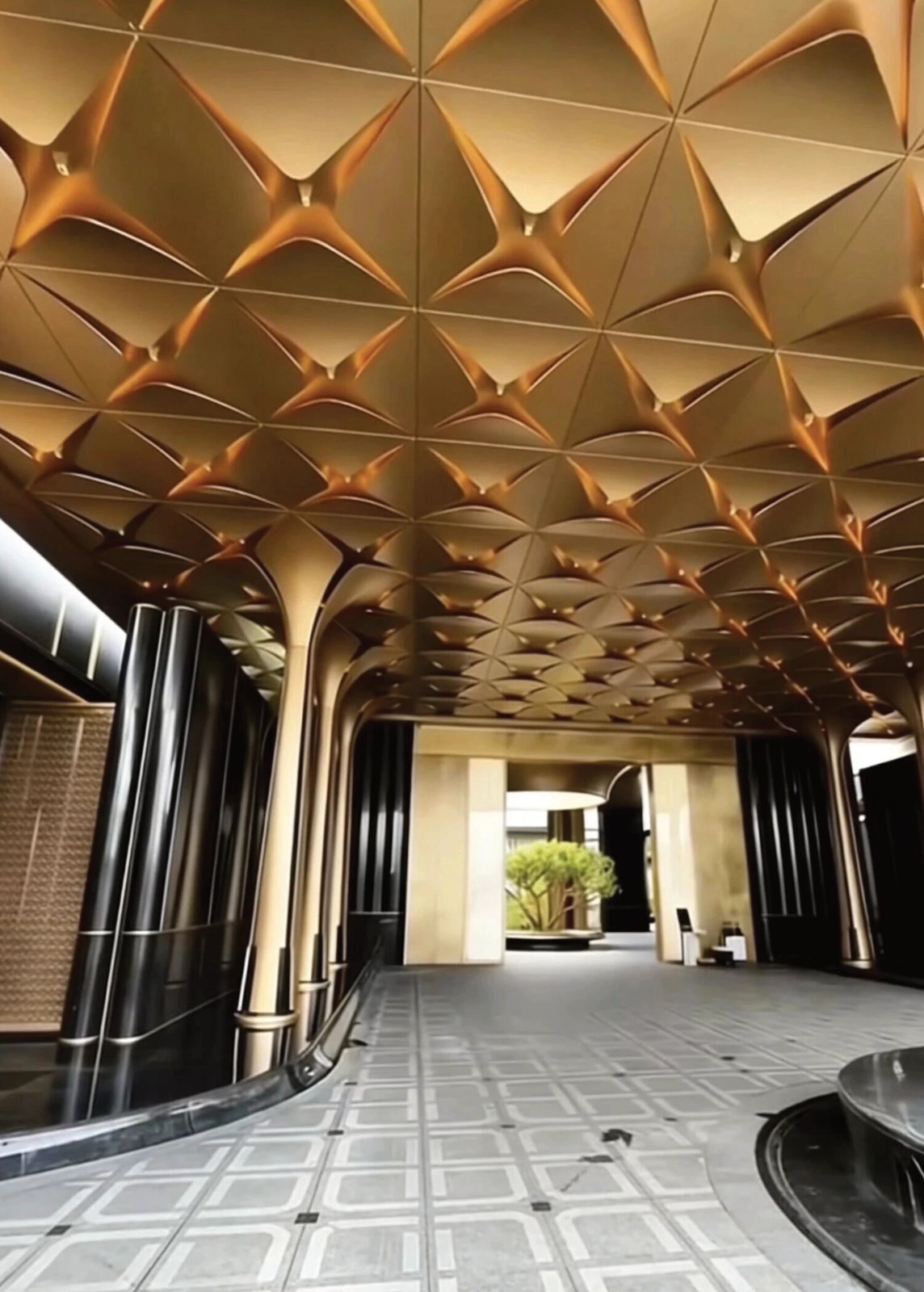 Thailand Golden Bay Resort Hotel lobby: champagne-gold 3D petal aluminum ceiling with courtyard beyond