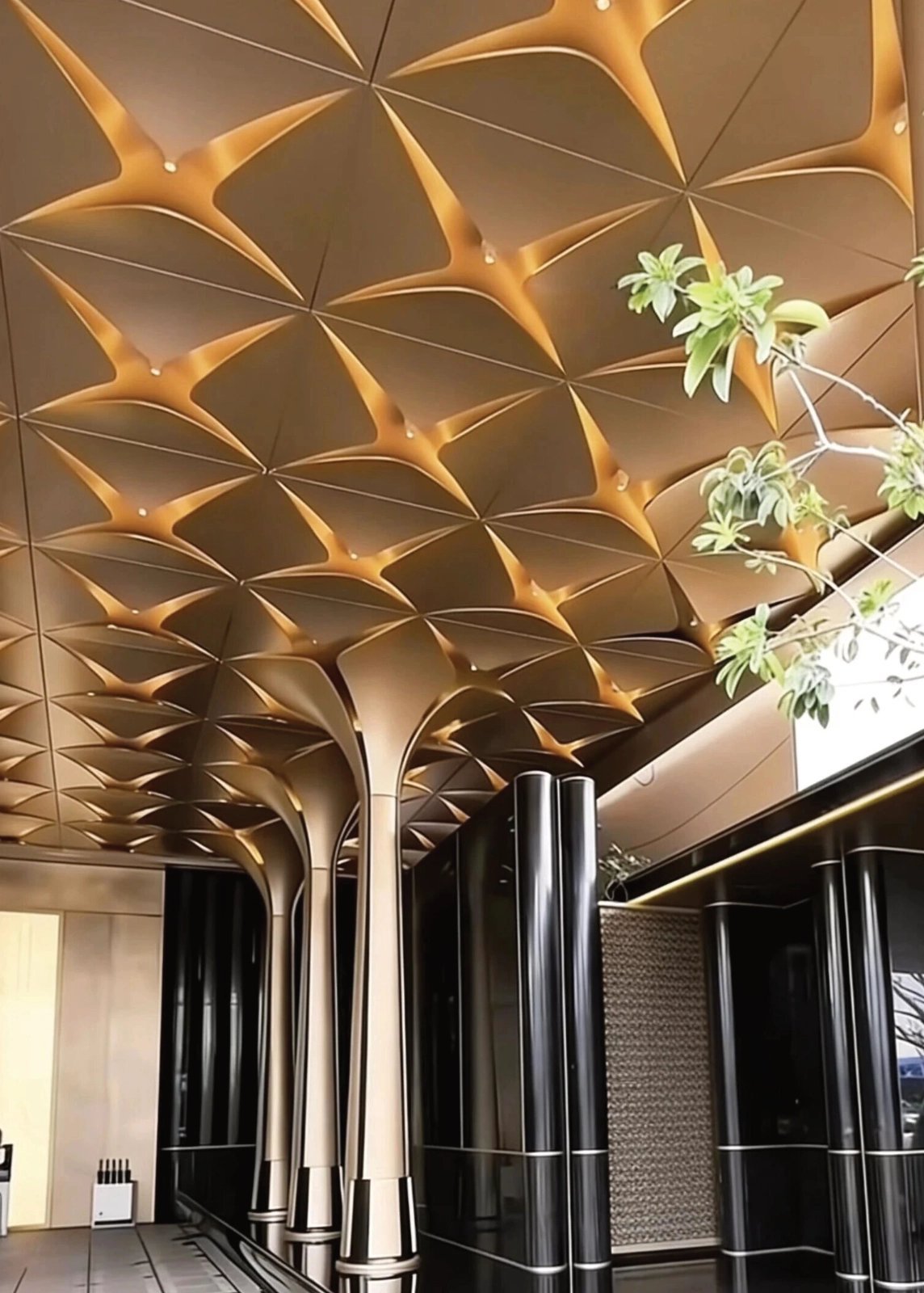Looking up at gold four-petal aluminum ceiling and flared column capitals, Thailand Golden Bay Resort