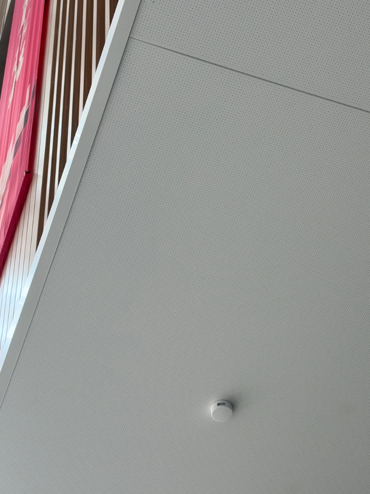 White micro-perforated aluminum ceiling tiles with a visible joint and a round detector cut into the panel