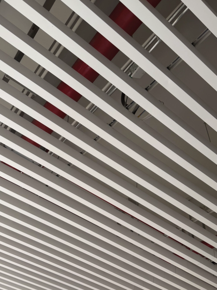 White LINDELACR linear baffles with a red service pipe and carriers still visible in the plenum