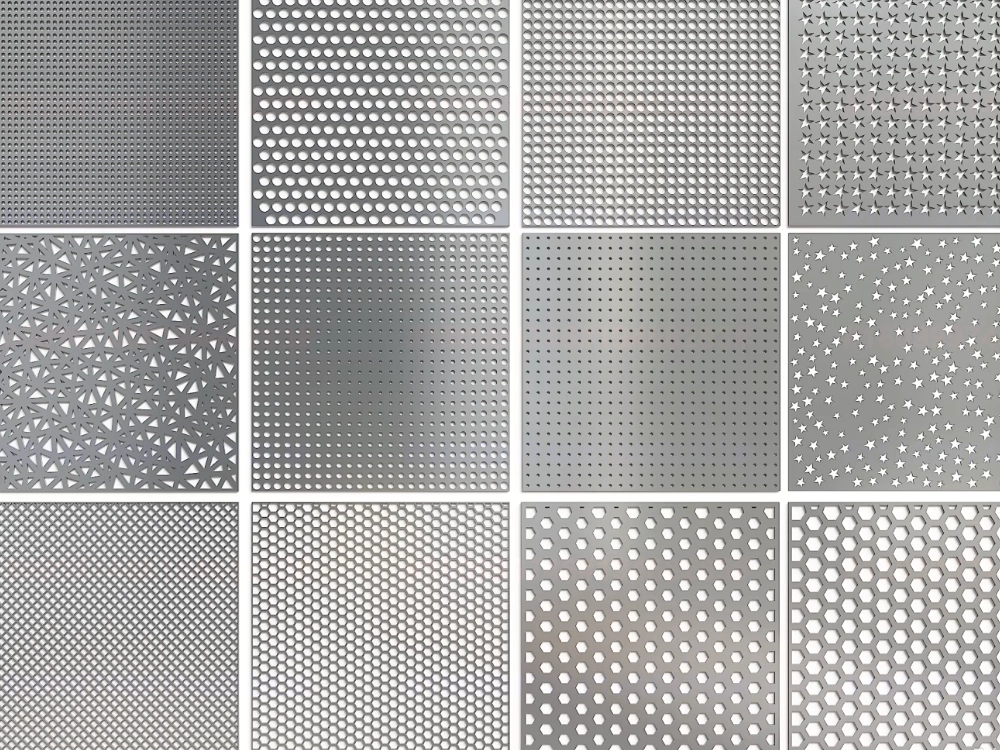LINDELACR perforated aluminum ceiling faces: round, hexagonal, star, and micro-hole fields for acoustic fleece