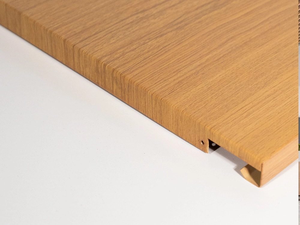 Wood-grain aluminum clip-in panel: hemmed return and clip slot for direct-mount or concealed-carrier install
