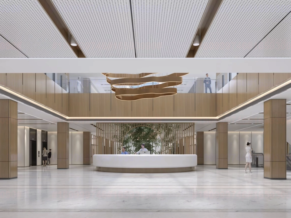 Visualization of a lobby: wood-look linear bands around a white perforated clip-in field and a ribbon light, not a named site photo