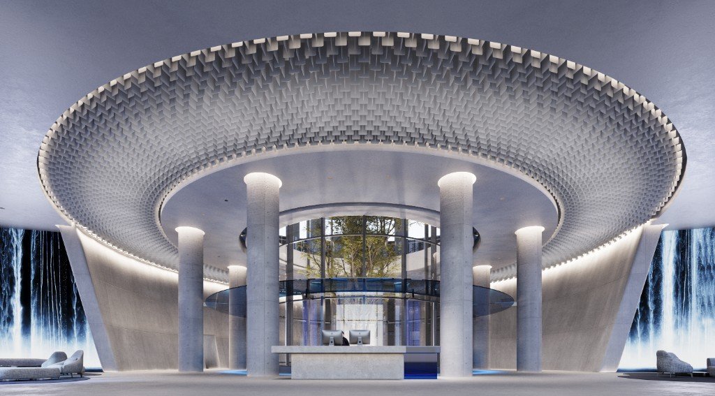 Design visualization of a radial single-blade aluminum ceiling over a lobby. Not a photographed installation