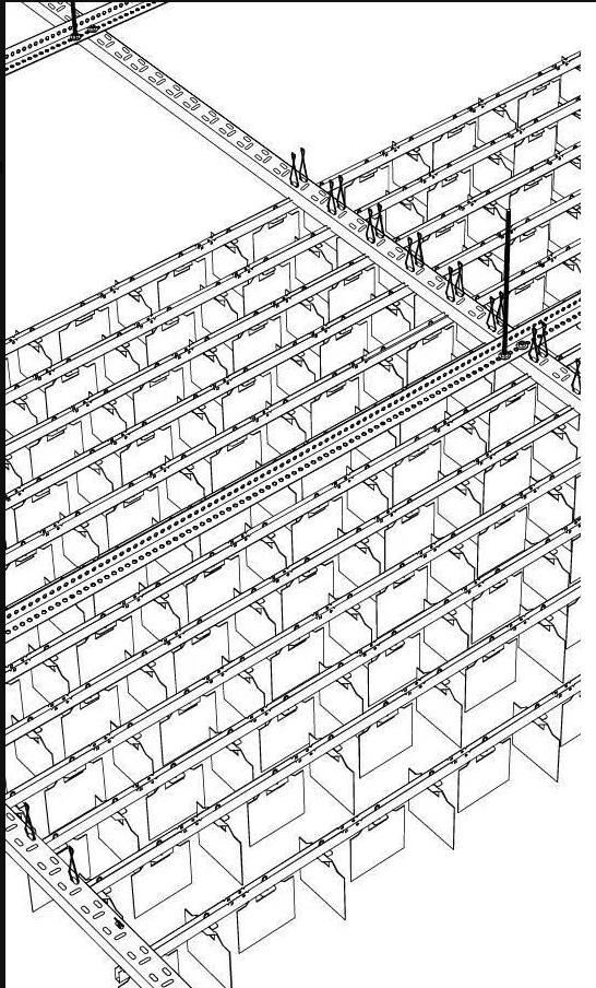Isometric of parallel carriers, hangers, and rows of single blades. No spacing is printed as a catalog number